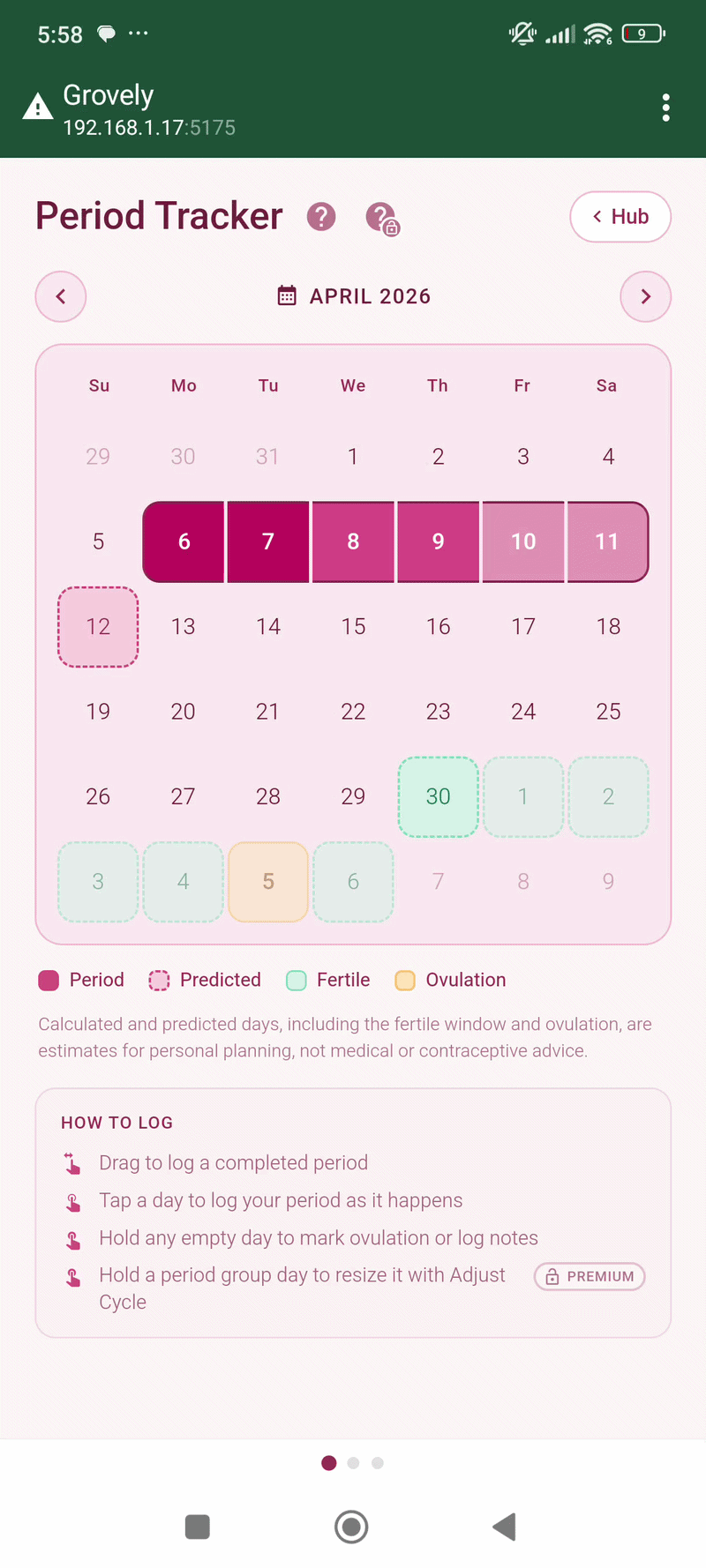 Drag to log a period and adjust a cycle